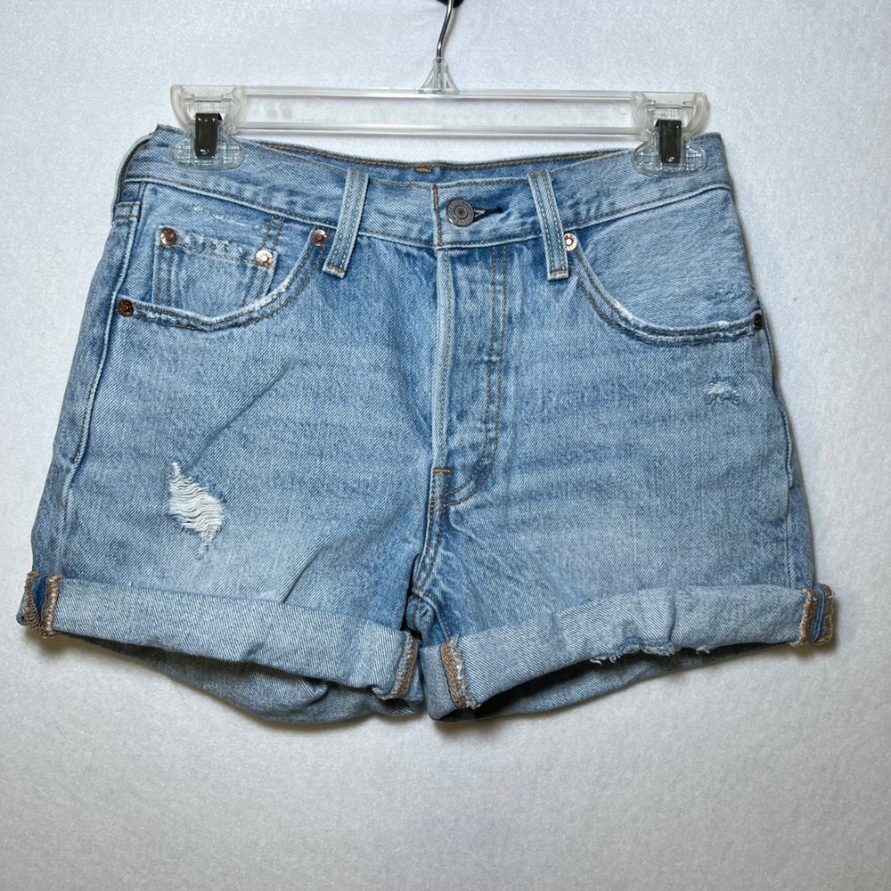 Levis 501 Original Shorts Light Wash Boho Indie Distressed Denim Button Fly W24
